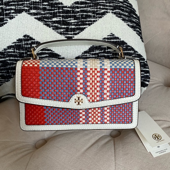 Tory Burch Emerson Woven Min Top Handle Satchel Bag New Cream Bright Samba - Picture 15 of 15